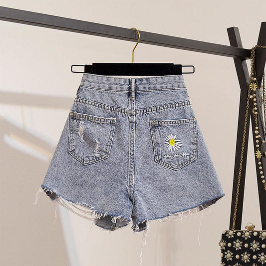 Pofulove Women Shorts Set Summer Embroidered Shirt Short Sleeve T-shirt High WaistRipped Denim Shorts 2 Piece Set for Teen Girl