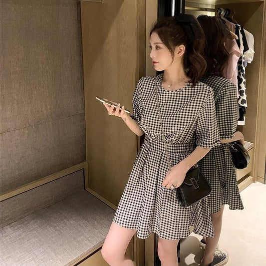 Female Casual Lace Up Slim Back Open Waist Plaid Elegant Party Dress Round Neck Waist Short Club Dress