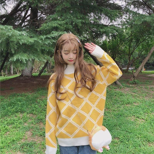 Womens Casual Turtleneck Plaid Knitted Oversize Pullover Sweater Loose Thick Jumper Tops Korean