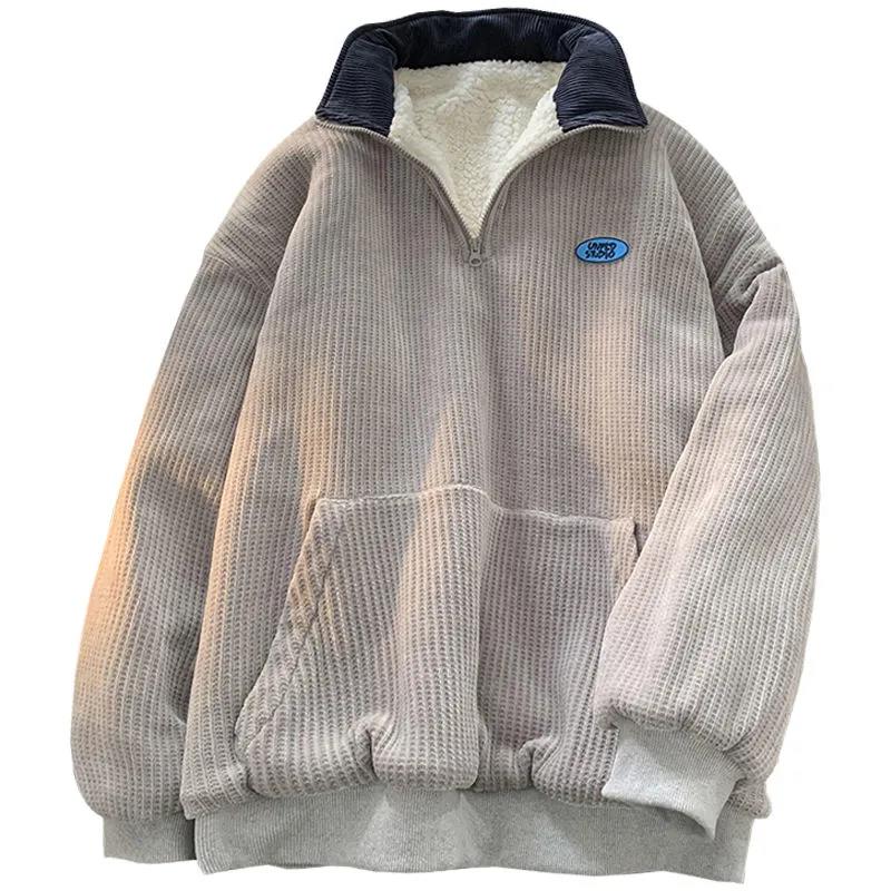 Lamb Velvet Half Zipper Polo Collar Sweater Women's Autumn and Winter Plus Velvet Thick Outer Wear Loose Warm Warm Jacket Top