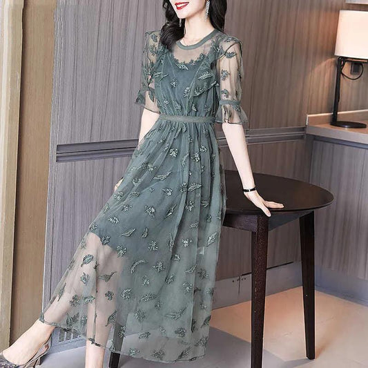 Heavy Industry Embroidery Flower High-end Dress Spring French Waist Slim Ruffled Mesh Skirt Women's Sweet Waist Mesh Skirt