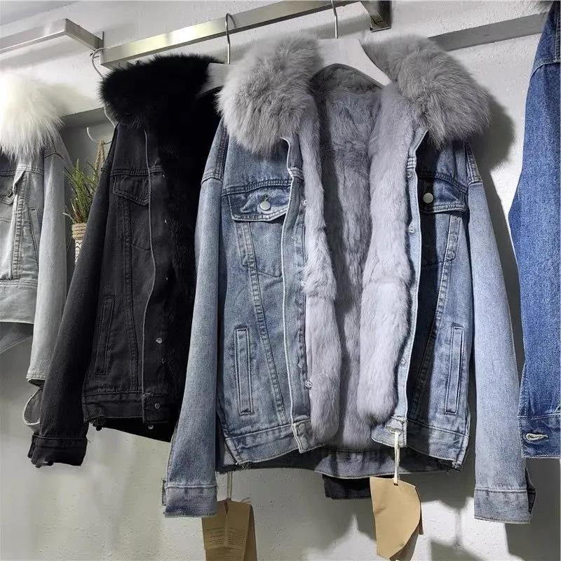 Large Fur Collar Denim Jacket Women's Short Style Plus Velvet Warmth Loose Plus Velvet Thick Cotton-padded Jacket Cotton Casual Winter Jacket