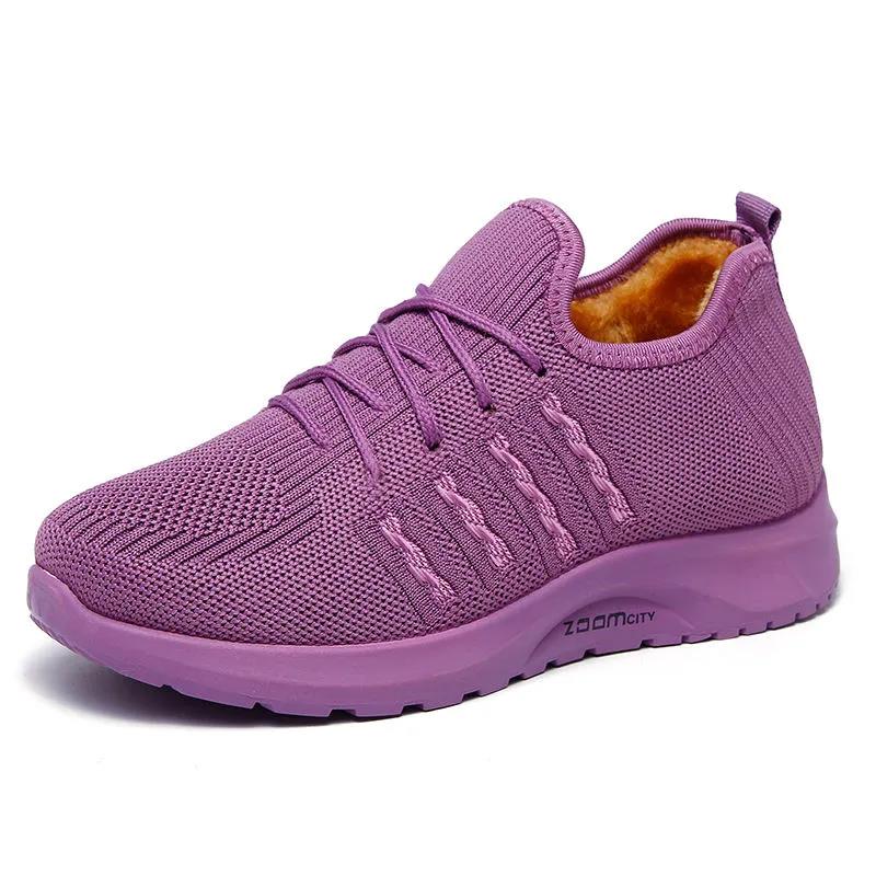 Winter Women's Cotton Padded Shoes Plush Flat Bottom Sports Shoes Large Size Solid Color Warm Non Slip Mother's Shoes
