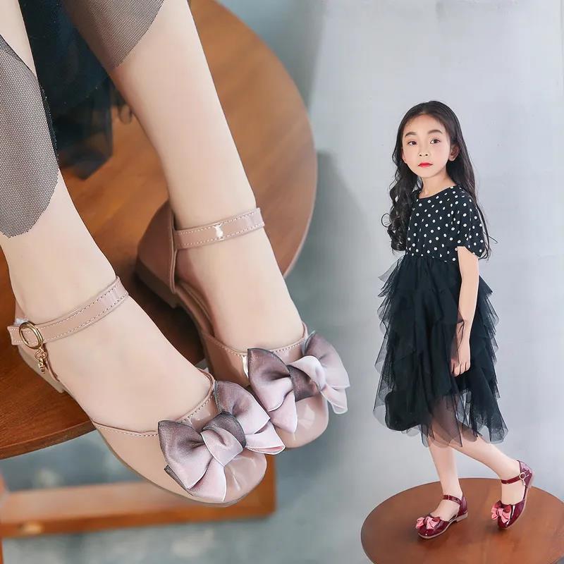 Girl's Spring and Summer Shoes Little Girls' Low Heel Soft Princess Party Shoes Anti-slip Big Bow Casual Leather Shoes