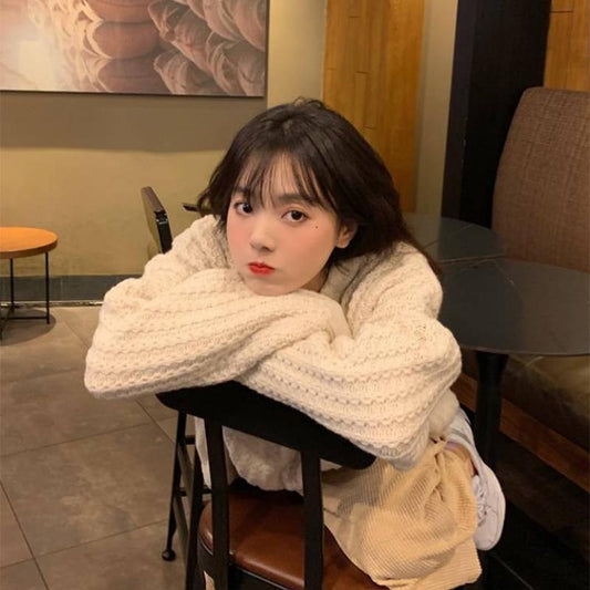 PofuloveV-neck solid sweater jacket women student lazy wind thick pullover sweater women wild