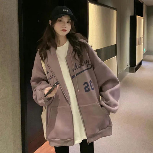 Fleece Thickened Hooded Sweater Women's Winter Loose Lazy Wind Zipper Cardigan Student Jacket Sports Casual Coat