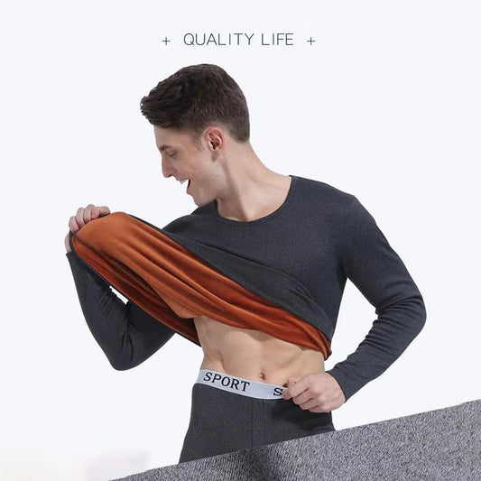 Tight Suit Thicken Plus Velvet O-neck Tops Pants Men Winter Thermal Underwear Plus Velvet Tops Pants Windproof Comfortable Soft Lining Long Sleeve