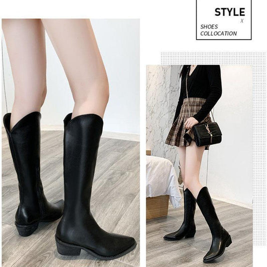 Leather Knee High Boots for Women Pointed Toe High Boots Ladies Chunky Heels Cowboy Boots Winter