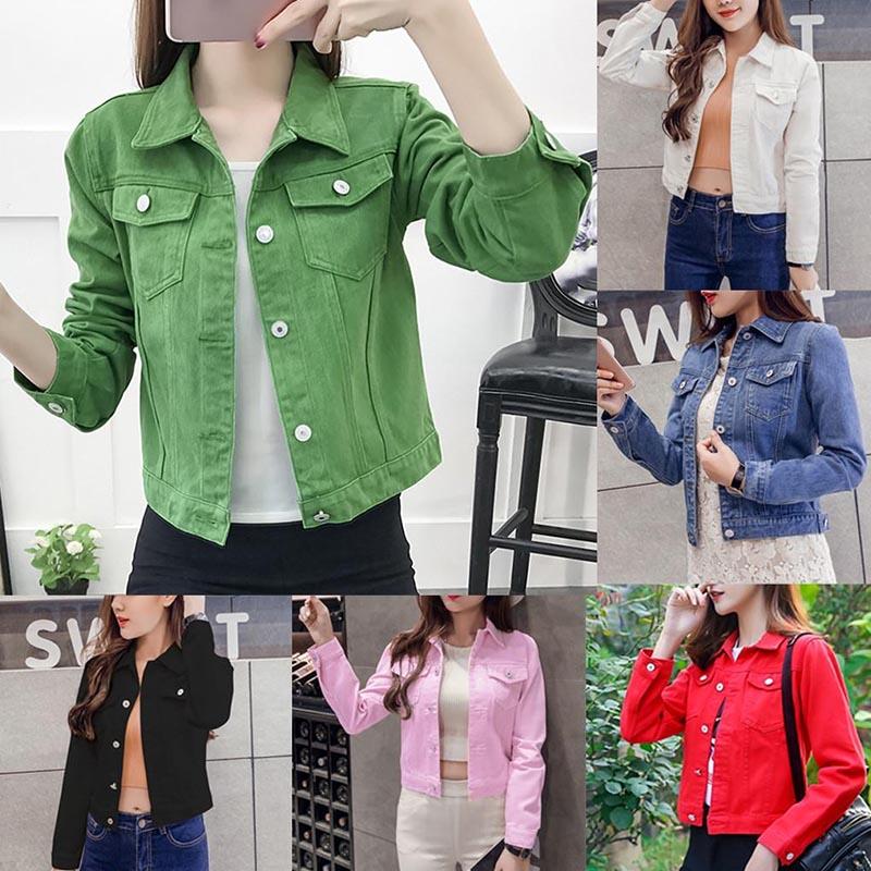 Women Lapel Solid Casual Denim Buttons Blazer Jeans Jacket Cardigan