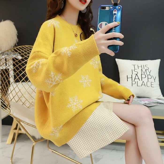 Pofulove Lazy Wind Jacket Wild Sweater Women Sweater Female Students Korean Loose Round Neck Hooded
