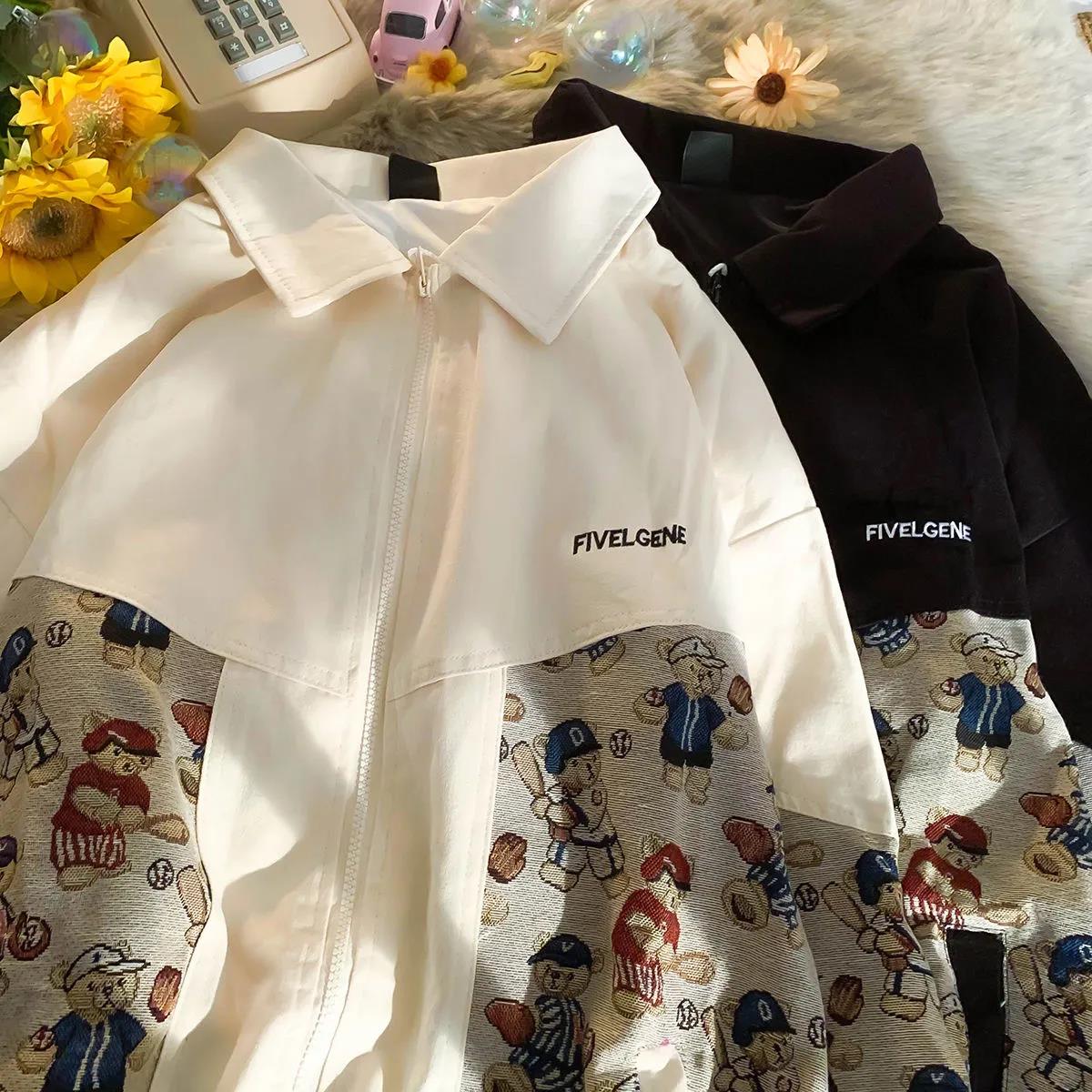 Spring and Autumn Hong Kong Style Retro Baseball Uniform Women's 2022 New Loose Wild Bear Cardigan Jacket Embroidered Couple Jacket