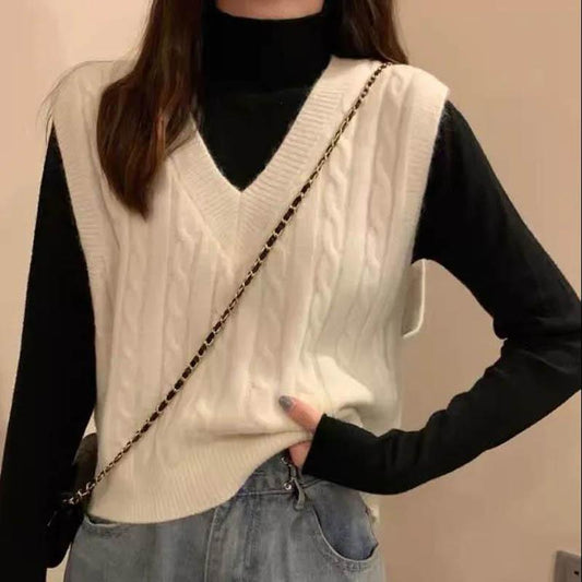 White V-neck Vest Vest Sweater Sweater Spring and Autumn Women Korean Version Loose Short Outer Jacket