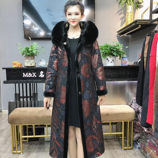 Vintage Printed Faux Fur Coats Women's Long Calf-length Flocking Reversible Faux Fur Coats
