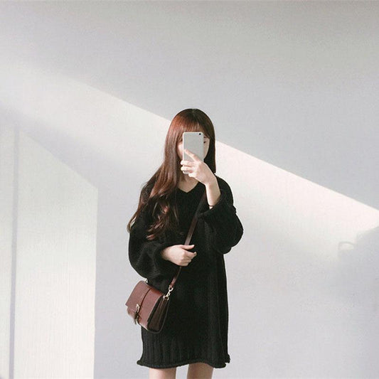 Autumn and Winter Female Student Sweater Fashion Korean Style Simple Coat Loose and Versatile Mid-length Sweater Dress
