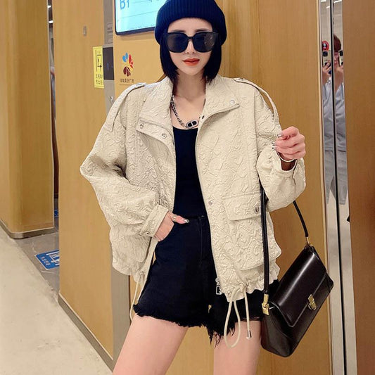 Folded Embossed Short Jacket Women Autumn Loose Casual Fashion Western Style Blouse