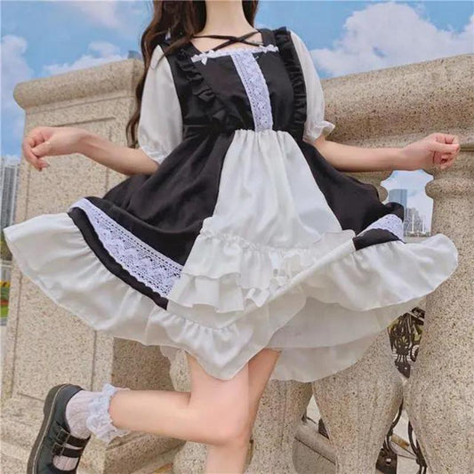 Girl Cosplay Dress Lolita Style Puff Sleeve Bandage Sweet Sailor Collar Lace Dress Kawaii Ruffles Dress