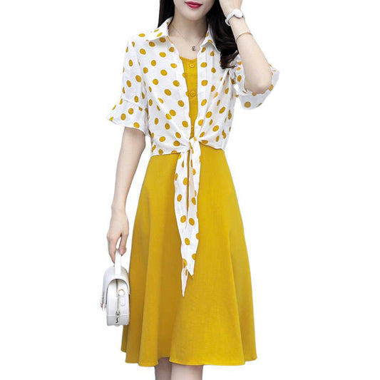 Dress Suit Women Polka Dot Blouse Coat Spaghetti Strap Dress Two-piece Summer Outfits