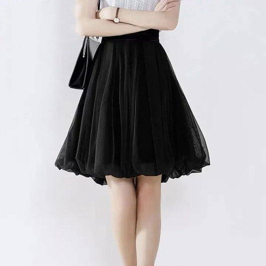 S-4XL Large Size Women's Summer Pleated Tulle Short Skirt High Waist Slim A-line Skirt All Match Elastic Waist Mesh Skirt Large Size
