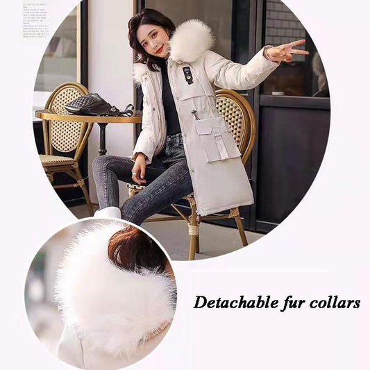 Solid Cotton Liner Parker Down Parkas New Long Hooded Winter Jacket Women Adjustable Waist Warm Fur Collar Coat