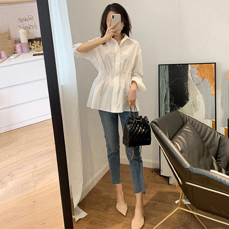 French Style Waist Shirt Women's Fashion Casual White Blouses
