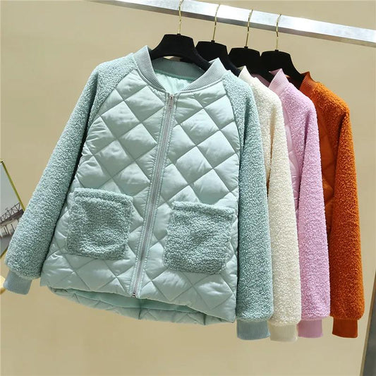 Women's Short Cotton Padded Jackets Large Size Loose Winter Lamb Wool Jackets Female Solid Color Casual Cotton Warm Coats