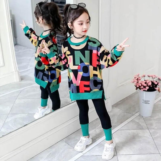 Girls spring and autumn suits Kids Casual Big Clothes Girls Fashion Children's Letter Sweater+ Leggings Two-Piece Set