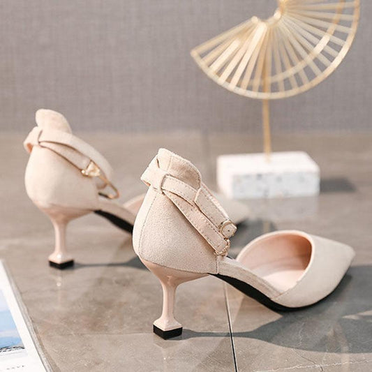 Spring Summer Mid-heel 7cm High-heeled Shoes Women's Stiletto Pointed Toe Toe Sandals One-word Buckle Hollow Single Shoes