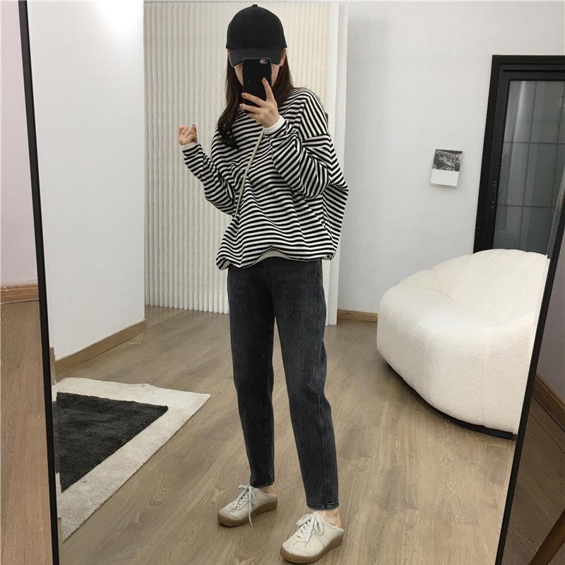 Women Striped Sweater Black and White Hoodie Oversize Casual Lazy Loose Sweaters Female Girls Korean Winter Autumn Fall Clothes Tops