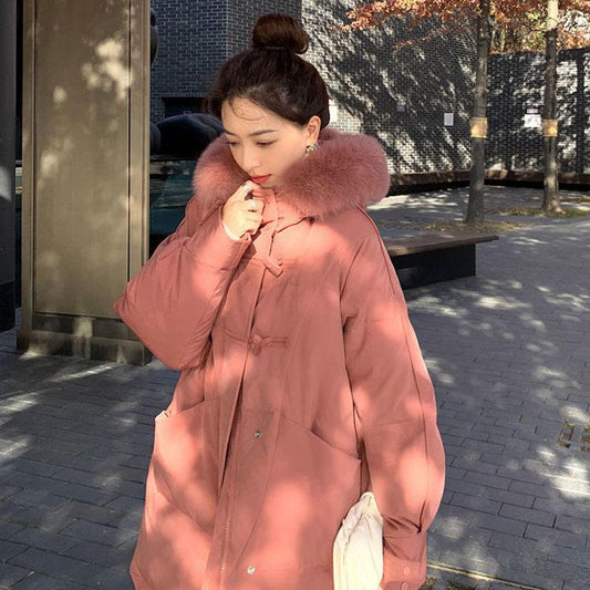 White Duck Down Jacket with Feather Collar Female Mid-length Over-the-knee Korean Thick Loose Horn Buckle Bread Jacket
