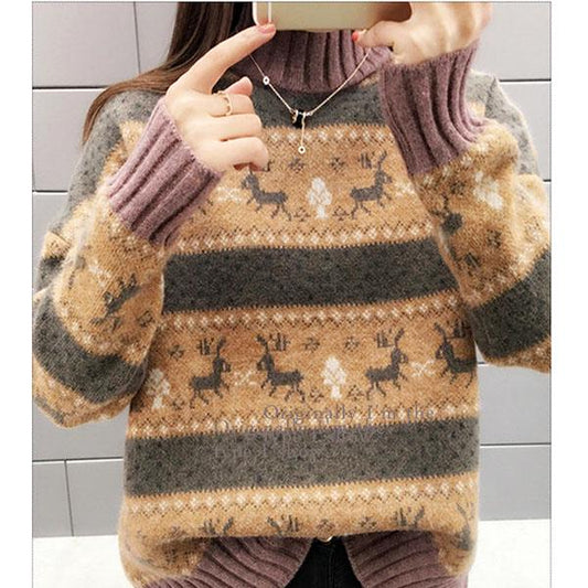Turtleneck Sweater Female Students Korean Loose Knit Sweater Bottoming Pullover Sweater Outwear Deer Print Christmas Sweater Autumn Winter
