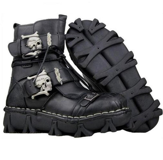 Men Genuine Leather Military Uniform Boots Gothic Skull Punk Martin Platform Mid-calf Boots