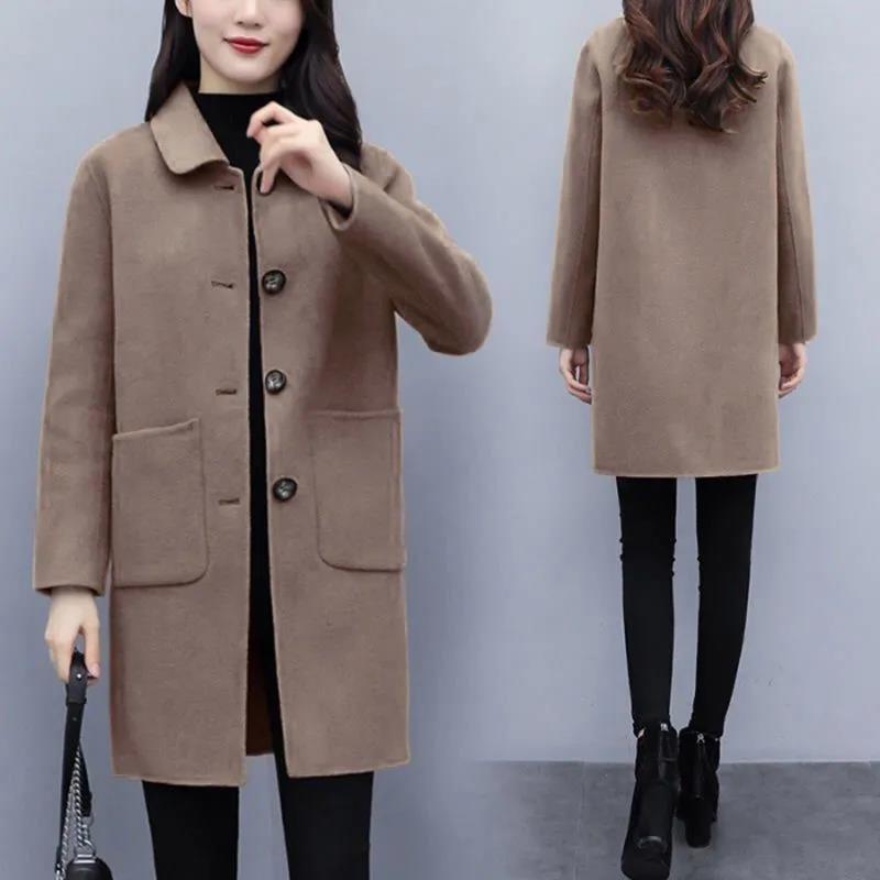 Fashion Lapel Mid-length Winter Women's Woolen Coat Korean Casual Coat Solid Color Button Coat