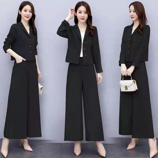 2PCS Women's Loose Wide Leg Pants Suit Spring/Autumn Fashion Casual Western Style Short Two-piece Set Elegant Trend Solid Sets Ladies Solid Color Suit