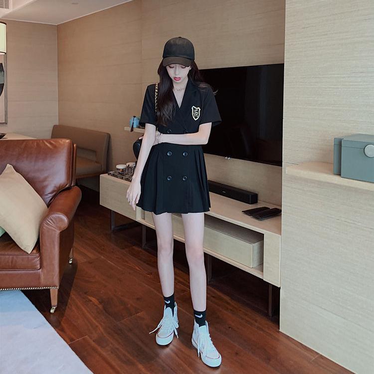 Women's Summer Dress Girls Short Sleeve Turn-down Collar Solid Color Knee-length Daily Wear Office Dating Party