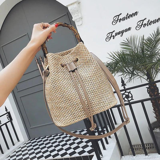 Handbag Women's Straw Woven Bucket Bag Summer Travel Beach Shoulder Messenger Bag