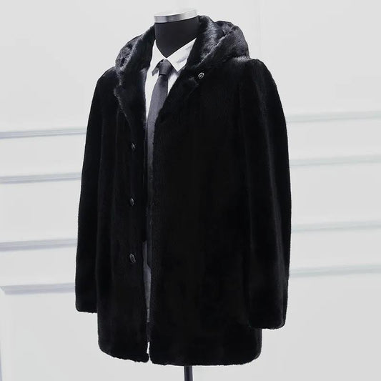 Mink Whole Mink Leather Coat Men's Lapel Mid-length Button and Hooded Fur Coat