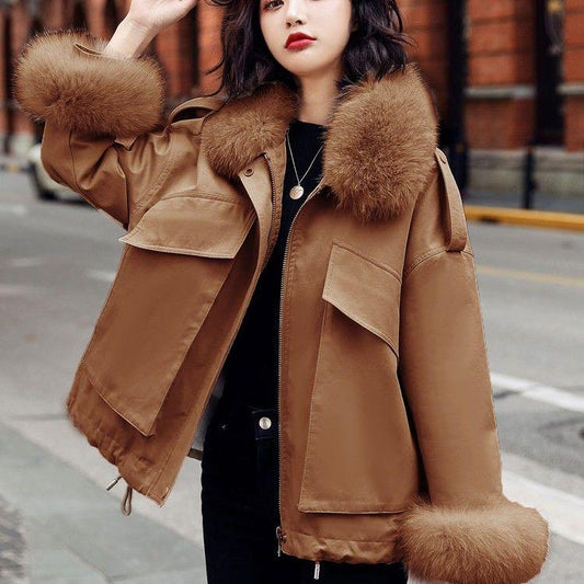 Warm Fleece Liner Hooded Parkas Coat Winter Hooded Jacket Women Fur Collar Jacket Parka