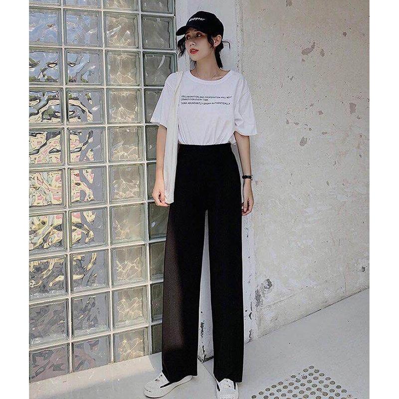 WTEMPO Mid Waist Pure Color Trousers Women's Wide-leg Pants Super Long Elastic Waist Straight Loose Casual and Elegant Daily