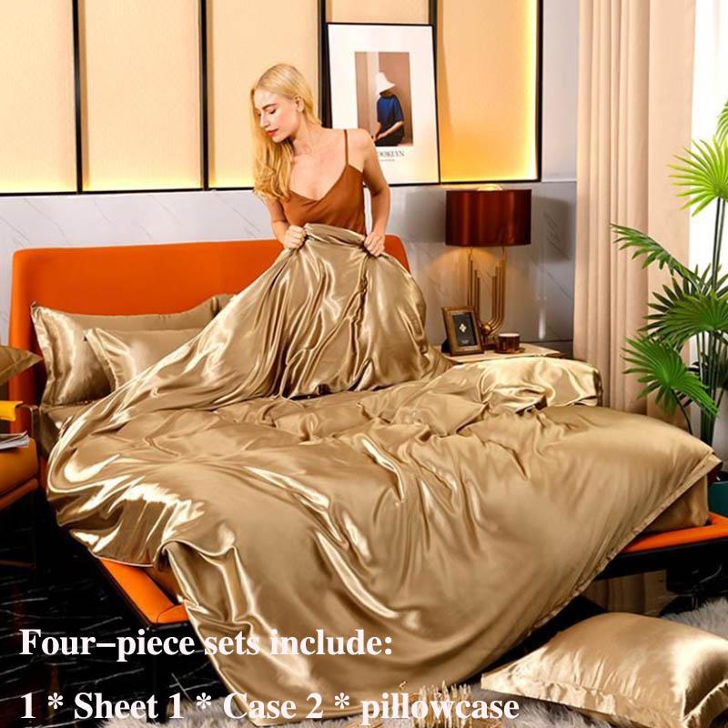 Ice Silk Four-piece Double-sided Mulberry Solid Color Silk Slide Pillow Cover Sheet Set Summer Cool Bedding