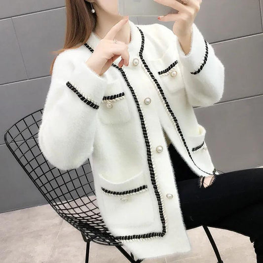 Xiaoxiangfeng Imitation Mink Velvet Thickened Short Coat Women's Spring and Autumn Long-sleeved Round Neck Knitted Cardigan Woolen Top