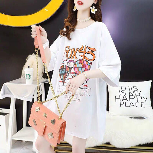 Women's Short-sleeved Short-sleeved Mid-length Loose Round Neck Half-sleeved Tops with Open Back Glittering T-shirts Ladies Casual Loose Long T-shirts