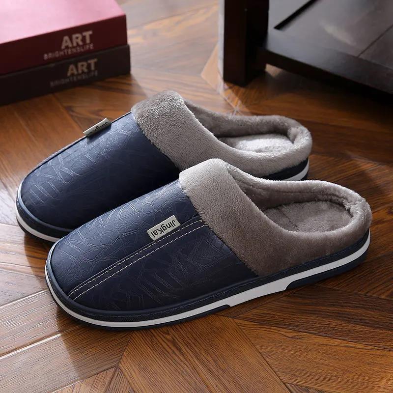 Women Unisex Winter Home Slippers Leather Waterproof Non Slip Slippers Plush Warm Indoor Flat Non-slip Slippers