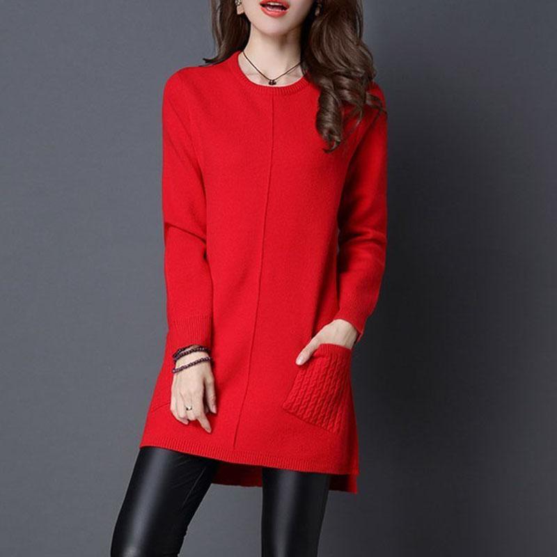 Women's Mid-length Pullover Sweater Loose Simple Irregular Hem Bottoming Sweater Knitted Sweater Dress with Pockets