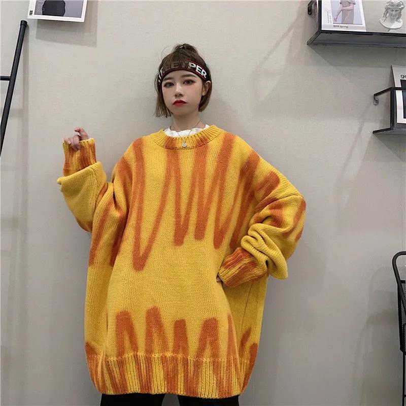 Print Knitted Sweater Women Elegant Striped Oversized Pullovers Women Spring Loose Long Sweaters Streetwear Knitted Coat