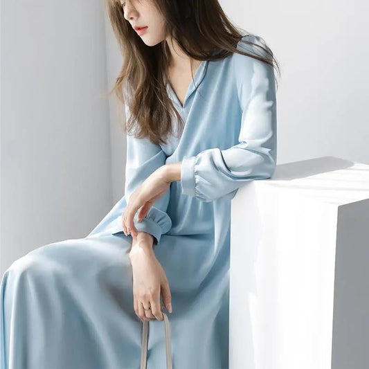 Small Lapel Chiffon Dress Female 2021 Spring and Autumn Waist Loose and Thin Solid Color Small Fresh Mid-length Dress