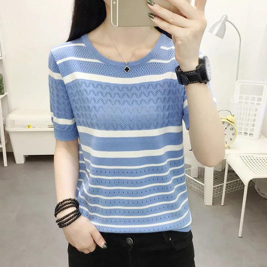 Summer Ice Silk T-Shirt Short Sleeve Ladies Knit Bottoming Shirt Thin Striped T-Shirt Versatile Loose Hollow Out Tops
