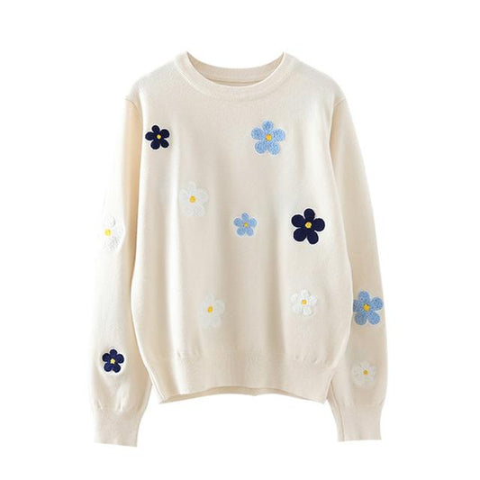 Korean Floral Emobroidery Pullover Sweater High Quality Women Elegant O Neck Knitted Tops