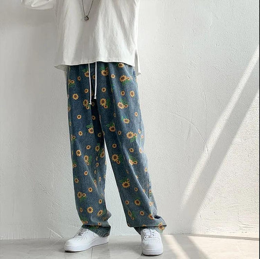Chinese Tide Brand Denim Trousers New Sunflower Print Loose Version Men's and Women's Trend Neutral Pants
