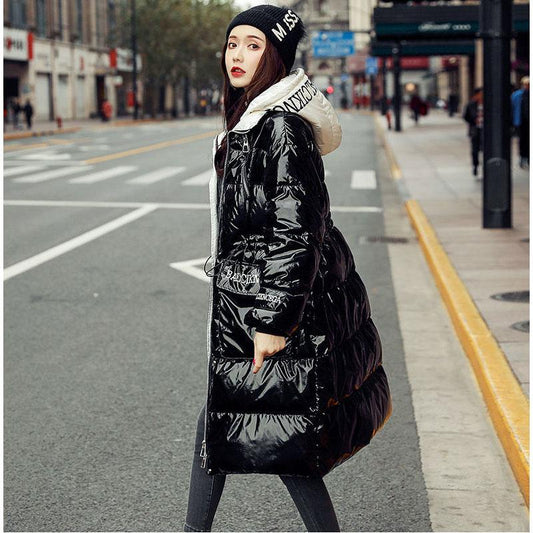 Down Jacket Shiny Korean Version of White Duck Down Thick Loose Mid-length Waist Thinner Hooded Fashion