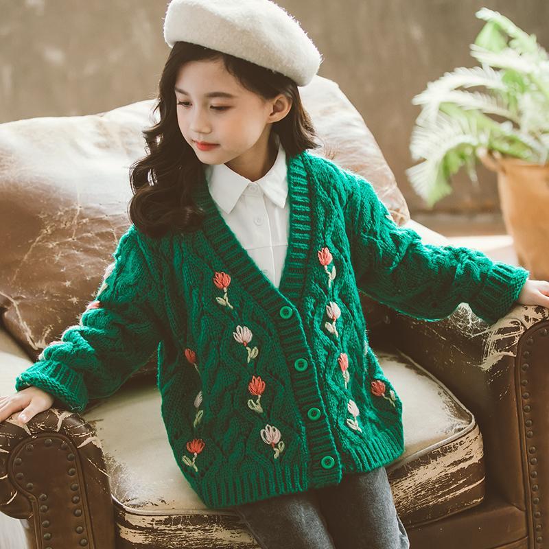 Fashion Long Sleeve Knit Cardigan Spring Slim V-neck Older Children Sweater Jacket